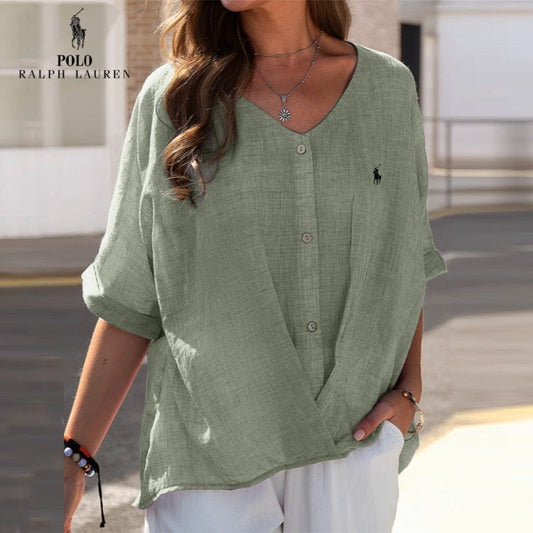 Serene™ RL | Women’s Linen V-Neck Ruffle Shirt